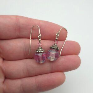 925 Sterling Silver Cute Handmade Pink Blue Glass Dangle Earrings